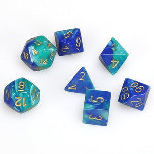 Dice- Chessex Gemini Polyhedral Blue-Teal/Gold (7 Dice in Display)